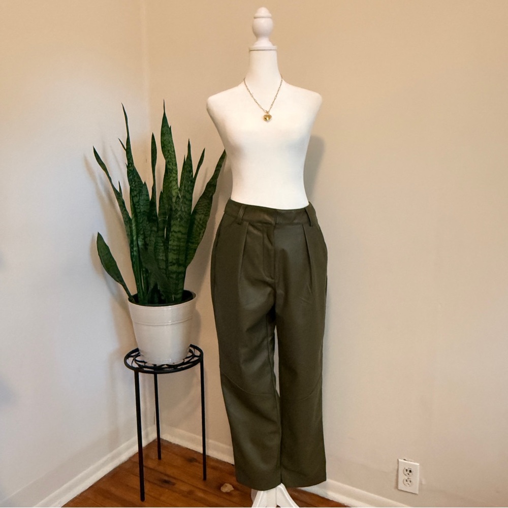 Topshop | Olive‎ Green Vegan Leather Pleated Pants